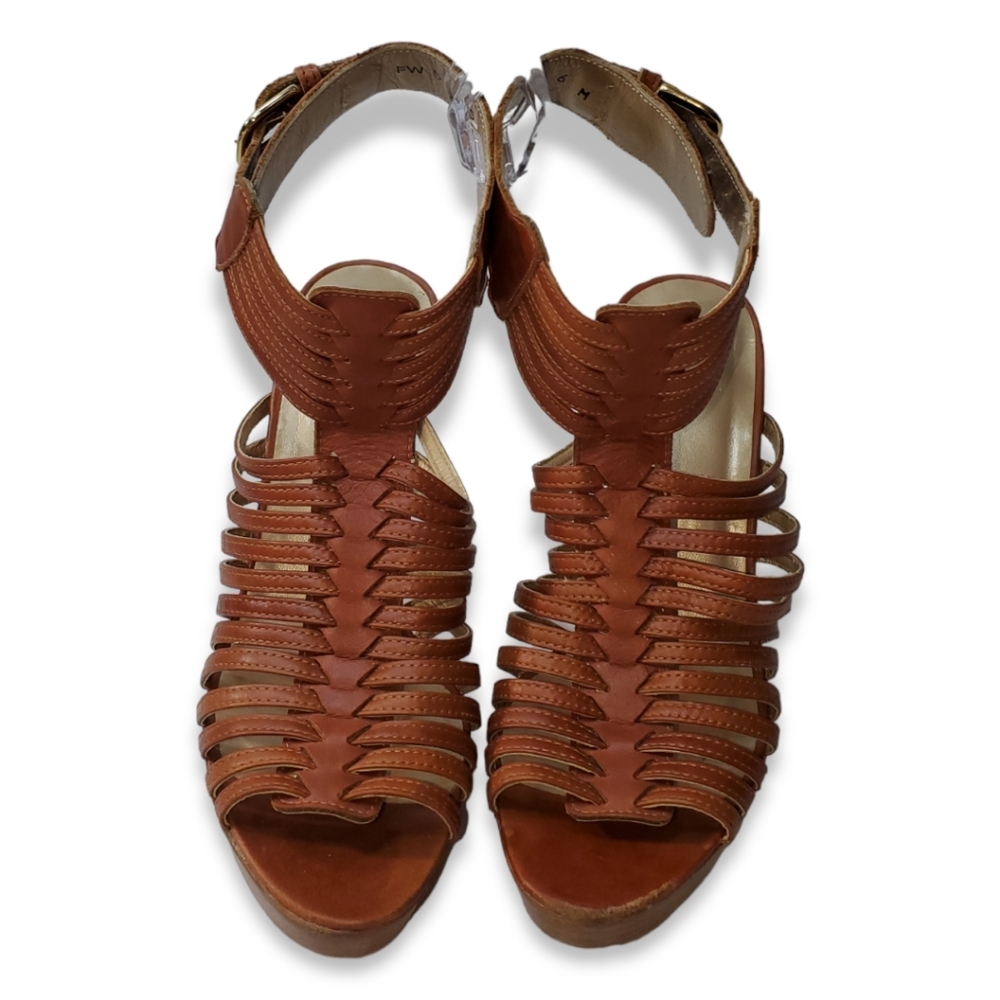 STUART WEITZMAN ESTEEM Cognac Patent Leather Designer Wedges Size 6M